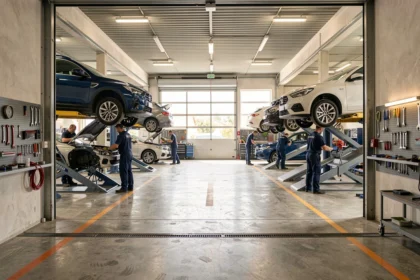 Vue intérieure d'un garage automobile en Haute-Garonne avec plusieurs véhicules sur ponts élévateurs et mécaniciens au travail
