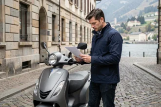 Homme comparant des offres d'assurance scooter dans une rue pavée de Genève