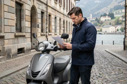 Homme comparant des offres d'assurance scooter dans une rue pavée de Genève