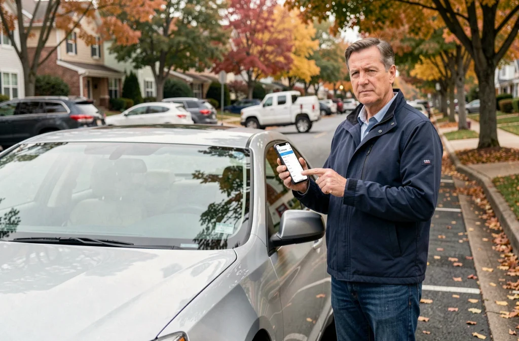 Homme debout près de sa voiture consultant une application de comparaison d'assurance sur smartphone