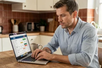 Homme consultant un comparateur de prix d'assurance voiture sur un ordinateur portable dans une cuisine moderne