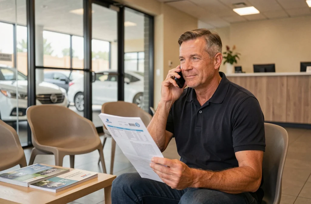 Homme assis dans une concession automobile contactant Sogessur par téléphone avec ses documents d'assurance en main