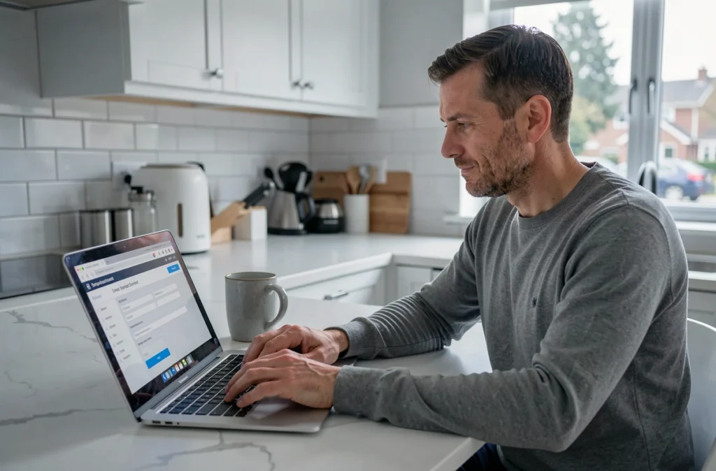 Homme utilisant un ordinateur portable pour contacter Sogessur en ligne pour son assurance auto