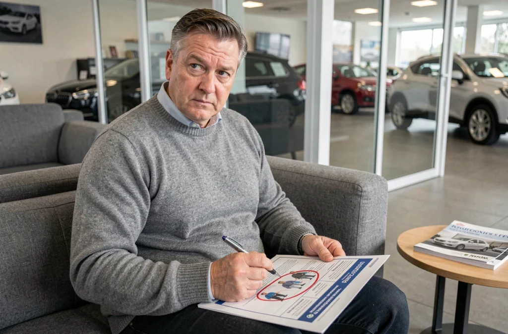 Homme analysant un tableau comparatif d'assurance voiture imprimé dans une salle d'attente de concession automobile