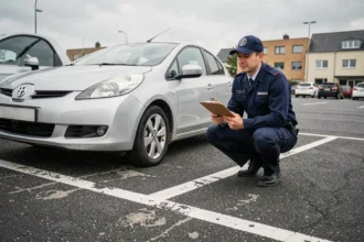 Inspecteur municipal vérifiant le stationnement d'une voiture dépassant les lignes d'une place de parking en milieu urbain