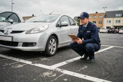 Inspecteur municipal vérifiant le stationnement d'une voiture dépassant les lignes d'une place de parking en milieu urbain