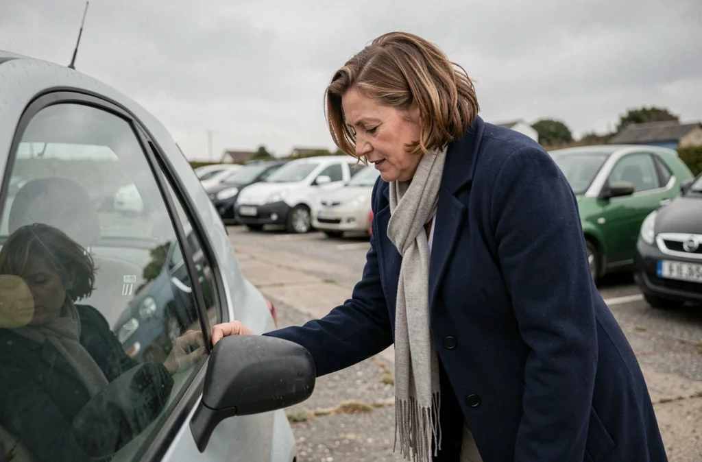 Femme inspectant une voiture sans permis d'occasion dans un parc automobile en Normandie