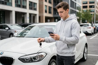 Jeune conducteur debout à côté d'une BMW Série 1 blanche en milieu urbain, consultant son téléphone pour comparer des offres d'assurance auto