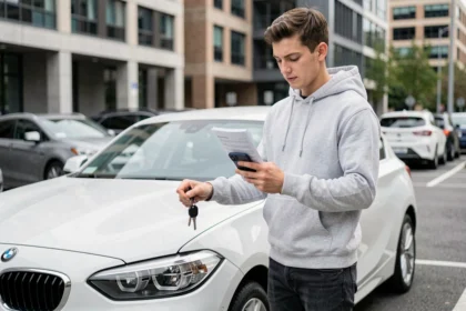 Jeune conducteur debout à côté d'une BMW Série 1 blanche en milieu urbain, consultant son téléphone pour comparer des offres d'assurance auto
