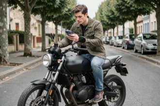 Jeune homme consultant son téléphone sur une moto 125cc garée dans une rue résidentielle, démarches d'assurance en cours