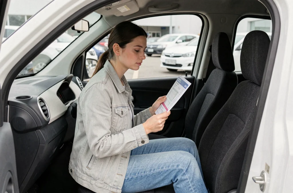 Jeune femme consultant une brochure tarifaire assise dans l'habitacle d'une Aixam City