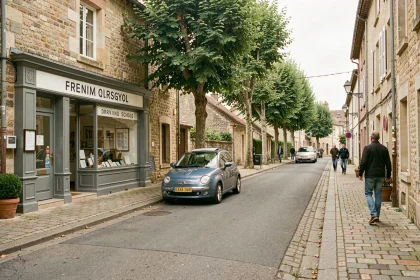 Vue d'ensemble d'une auto-école typique en Dordogne, dans une rue de bourg périgourdin avec une voiture école garée devant