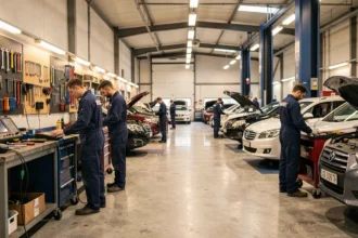 Vue d'ensemble d'un atelier de mécanique automobile dans les Hauts-de-Seine avec plusieurs mécaniciens au travail
