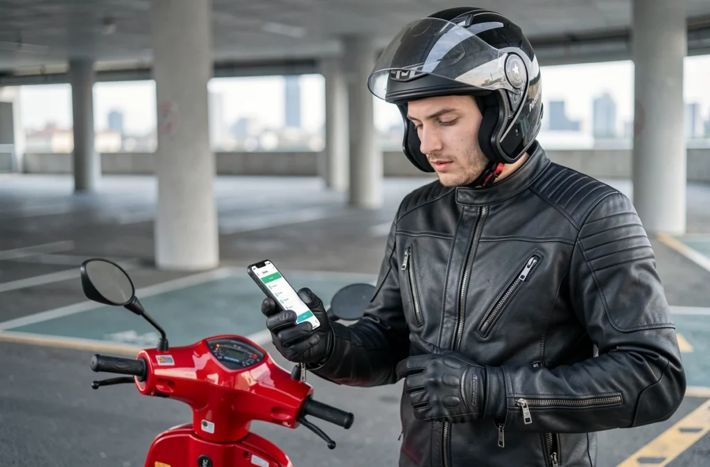 Motard casqué consultant une application de comparateur d'assurance 125cc dans un parking urbain
