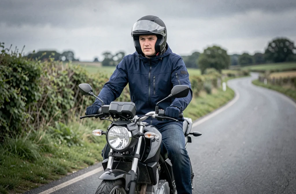 Motard sur une moto 125cc noire en bord de route à la campagne, assurance deux-roues 125