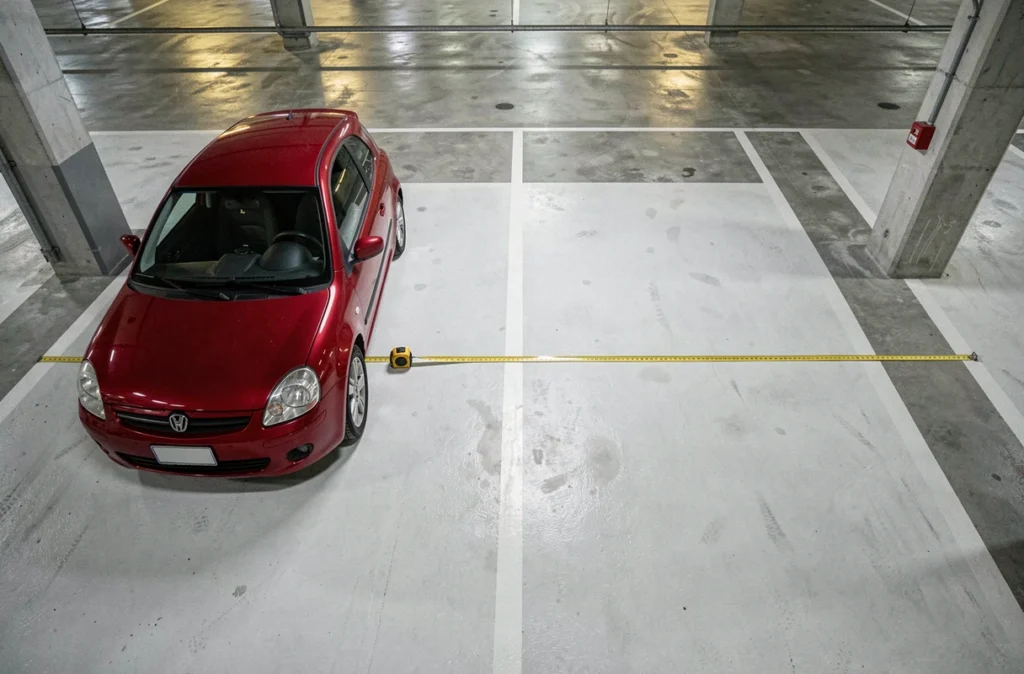 Vue aérienne d'une place de parking souterrain avec un véhicule dépassant les marquages au sol et un mètre ruban mesurant la largeur