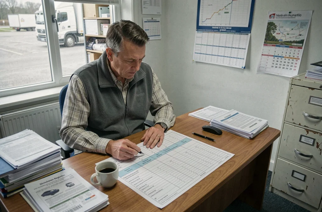 Responsable transport examinant un tableau de réglementation des temps de conduite et de repos posé sur son bureau