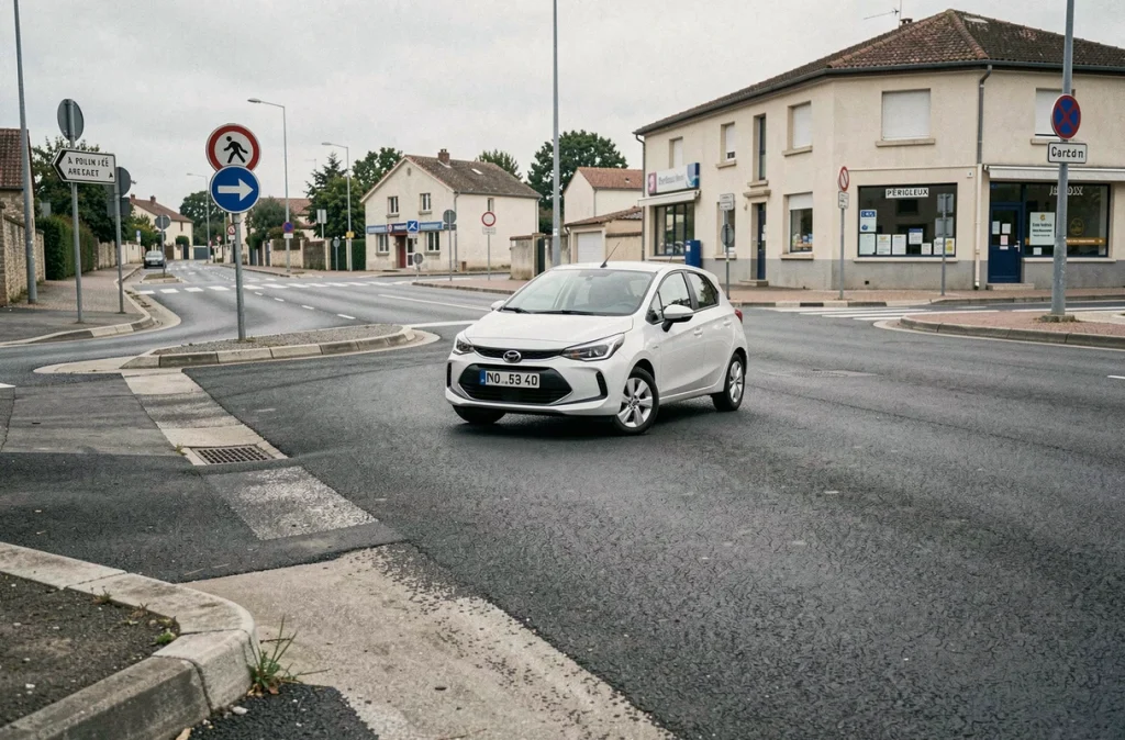 Voiture école de l'auto-école SAS Masgonty à Périgueux en plein exercice de conduite sur un rond-point en périphérie de la ville