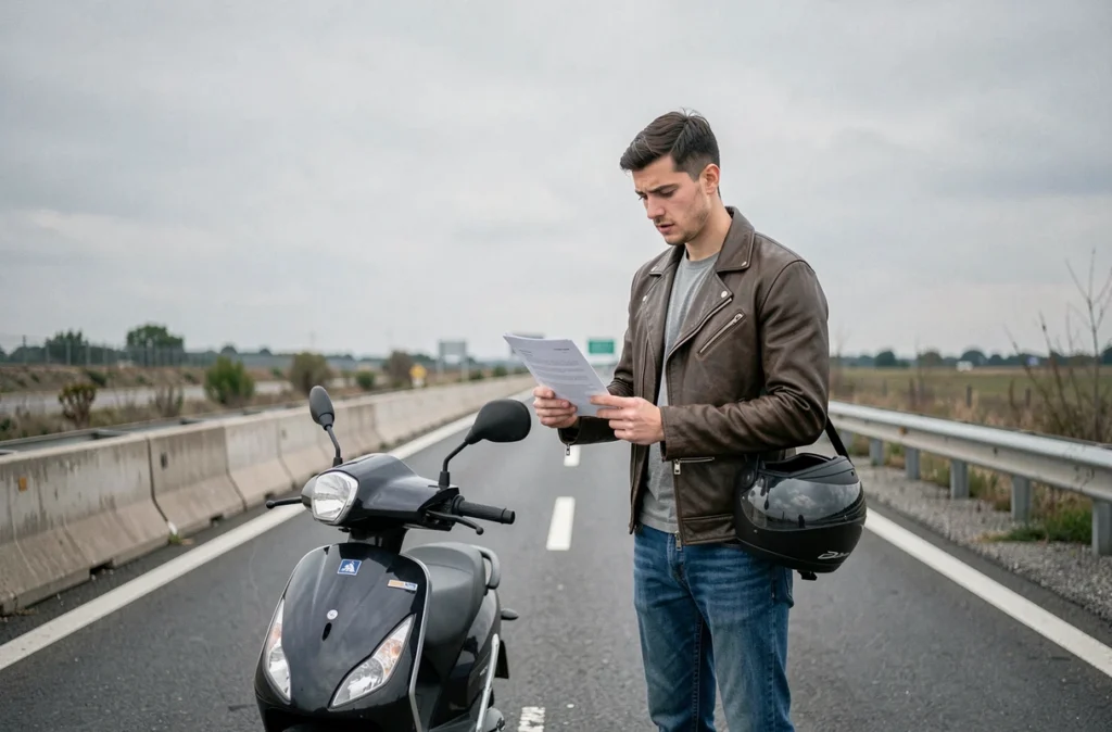 Jeune conducteur de scooter lisant un procès-verbal sur une autoroute