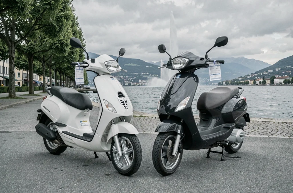 Deux scooters garés au bord du lac Léman à Genève avec des documents d'assurance
