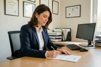 Femme signant un contrat d'assurance auto dans une agence à Millau