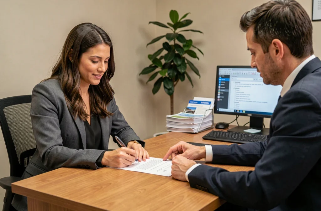 Femme signant un contrat d'assurance moto 125 dans un bureau d'assurance avec un conseiller