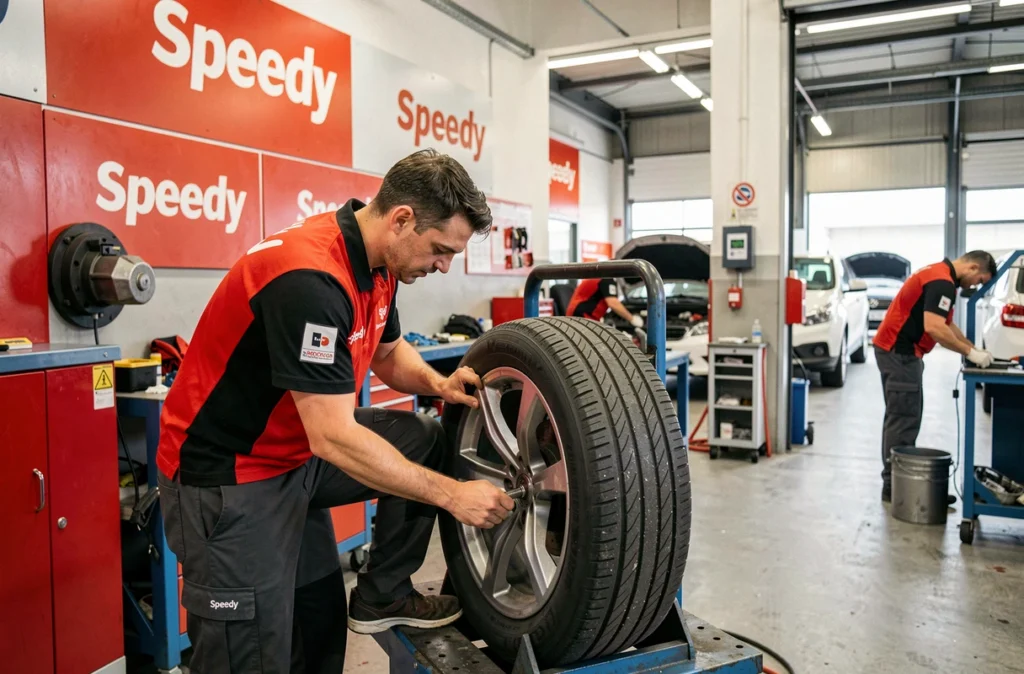 Technicien Speedy montant un pneu sur une jante dans le centre de service de Rueil-Malmaison