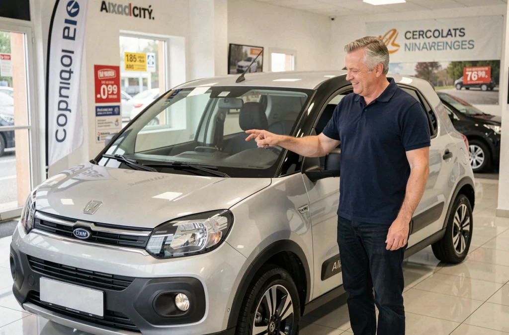 Vendeur présentant une Aixam City en concession automobile française avec affichage de prix