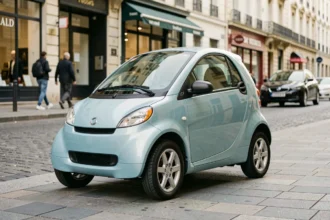 Voiture sans permis électrique bleue garée sur un trottoir urbain en France