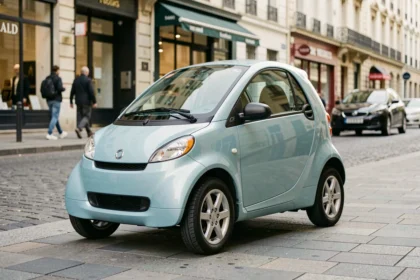 Voiture sans permis électrique bleue garée sur un trottoir urbain en France