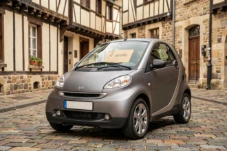 Petite voiture sans permis d'occasion grise garée dans une rue pavée normande avec panneau À vendre