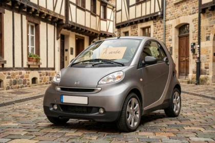 Petite voiture sans permis d'occasion grise garée dans une rue pavée normande avec panneau À vendre