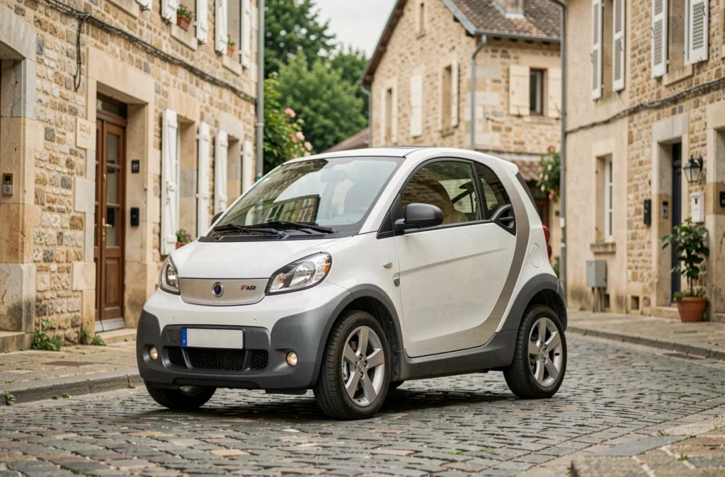 Voiturette électrique sans permis garée dans une rue de village français