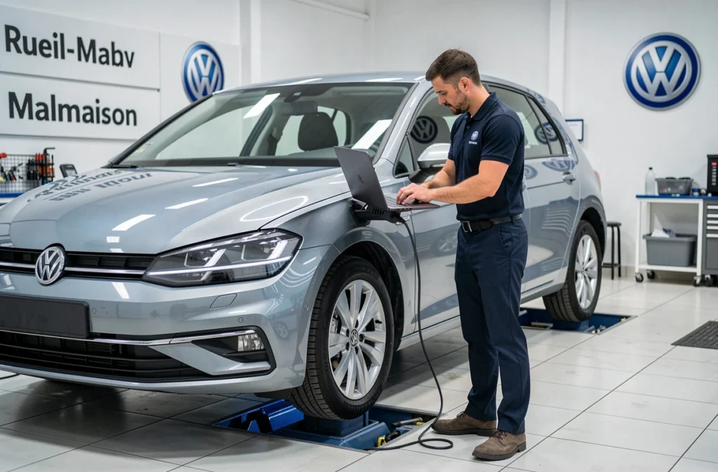 Technicien Volkswagen connectant un outil de diagnostic à une Golf dans le centre de service Car Lovers à Rueil-Malmaison