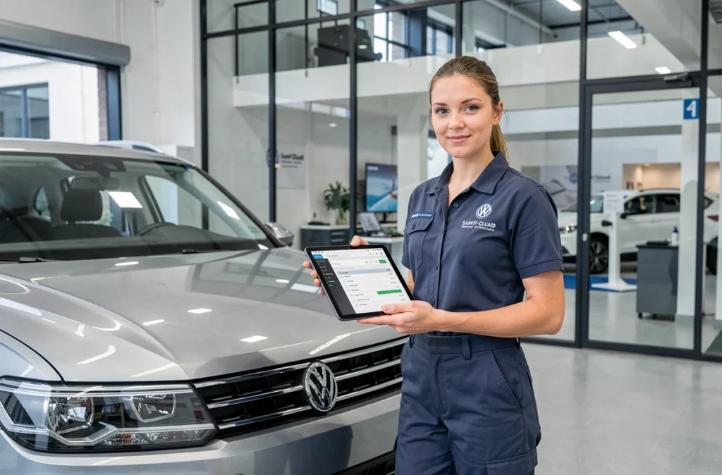 Technicienne Volkswagen avec une tablette numérique devant un Tiguan dans le centre Car Lovers de Saint-Cloud