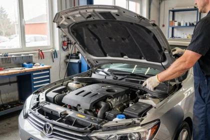 Capot ouvert d'une voiture dans un atelier de réparation