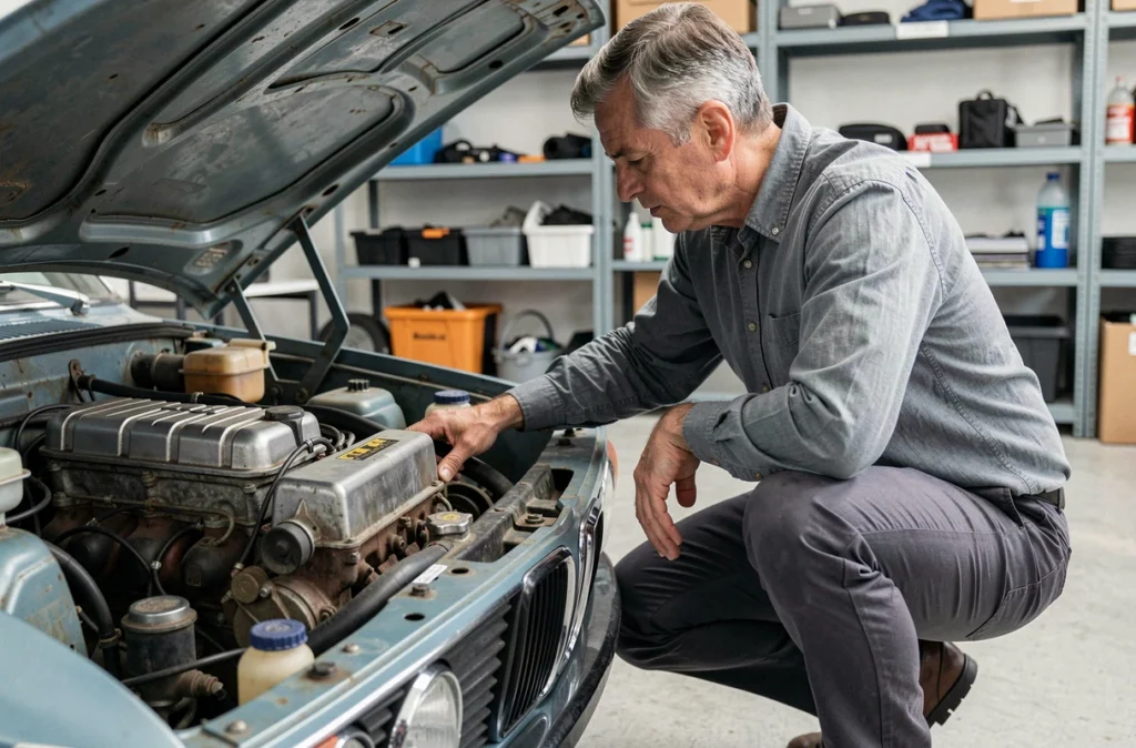 Inspecteur automobile examinant le compartiment moteur d'une BMW 2002 tii d'occasion dans un garage privé, vérification mécanique avant achat
